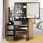 ZUN Small Space Left Bedside Cabinet Vanity Table + Cushioned Stool, Extra Large Right sliding mirror, W936P176298