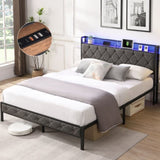 Full Bed Frame Storage Headboard, Charging Station and LED Lights, Upholstered Platform Bed W1916124801
