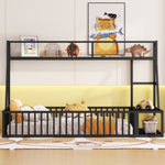 ZUN Twin Size Floor Bed Frame with Safety Fence, Metal Floor Bed with Desk and Storage Shelves, W1580P240068