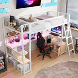 Twin Size Metal Loft Bed with Built-in Work Station, LED and Multiple Storage, White 81360789