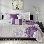 ZUN 6 Piece Printed Cotton Quilt Set with Throw Pillows Taupe Grey/Purple King/Cal King B03597429