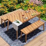 ZUN 3 Pieces Acacia Wood Table Bench Dining Set For Outdoor & Indoor Furniture With 2 Benches, Picnic 45376556