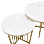 ZUN Modern Round Nesting Coffee Table Set 2-Piece White & Marbling Top Gold Base WF320654AAK