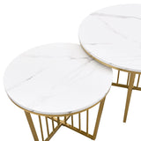 ZUN Modern Round Nesting Coffee Table Set 2-Piece White & Marbling Top Gold Base WF320654AAK