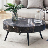 ZUN 31.5" Black Marble-Patterned MDF Round Coffee Table with black Metal Legs.Adjustable Feet,Coffee W1151P205777