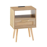 ZUN 15.75" Rattan End table with Power Outlet & USB Ports , Modern nightstand with drawer and solid wood W126573116