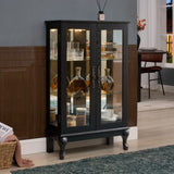 Curio Cabinet with Tempered Glass Doors, Lighted Display Cabinet with Mirrored Back Panel & W1758P297548