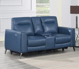 High-Leg Console Loveseat - Top-Grain Leather, Dual-Power, Ocean Blue Color - Stowaway Footrest, B081109567