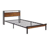 Twin Size Metal Platform Bed Frame with Wooden Headboard and Footboard with USB LINER, No Box Spring 77772599