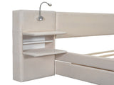Queen Size Upholstered Platform Bed with Reading Lights, Drawers, Trundle and Shelves, Beige 57706475