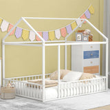 Full Size Metal Bed House Bed Frame with Fence, for Kids, Teens, Girls, Boys,White MF304787AAK