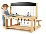 Natural Wooden Kids Mud Kitchen Playset with Bench & Removable Sink, Complete Cookware Accessories 66519414