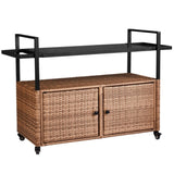 ZUN Outdoor Bar Cart Table, Large Wicker Island Rolling Cart, Wheeled Buffet Serving Cart with Glass Top 04069114