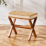 ZUN Amazon Shipping Ottoman Footstool Natural Seagrass Footrest Pouf Ottomans with X Wooden Legs 05317591