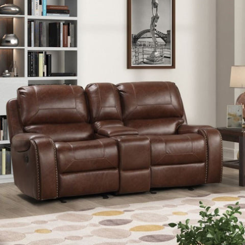 ZUN Achern Brown Leather-Air Nailhead Manual Reclining Loveseat with Storage Console T2574P198805