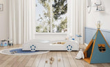 ZUN Wooden Race Car Bed,Car-Shaped Platform Twin Bed with Wheels For Teens,White & Blue WF310553AAK