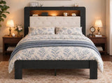 Queen Platform Bed Frame, Black Wood Look Frame with Soft Velvet , Sturdy Wood Slat Support System, W636P557221