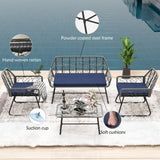 4-piece wicker patio furniture set with tempered glass table, detachable blue cushion cover for easy W2071P291321