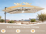 10x10 Ft Beige Solar LED Cantilever Patio Umbrella 360&deg Rotation Offset Hanging Umbrella with 94324583