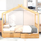 ZUN Full Size House Platform Bed with Two Drawers,Headboard and Footboard,Roof Design,Natural 63265671