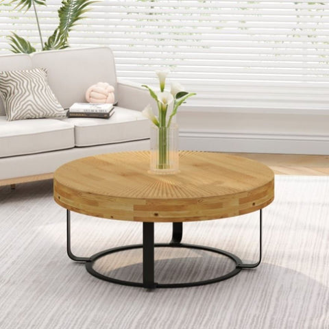 ZUN Modern Round Coffee Table Wooden Carving Pattern Coffee Table with Metal Legs for Living Room W757P186923