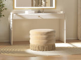 Edward 17.5" Round Upholstered Ottoman with Bullion Fringe Fawn Brown Performance Velvet B2719P320843