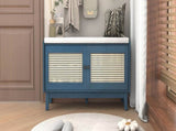 TREXM Boho Rattan Entryway Bench with Storage, Cushioned Shoe Bench with Double Doors, Wooden Shoe N715P308012M