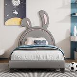 Twin Size Upholstered Leather Platform Bed with Rabbit Ornament, Gray WF299137AAE