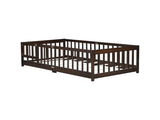 Twin Size Floor Bed with Fence and Door,Rubber Wood Floor Bed with Safety Guardrails,Espresso W504P429279