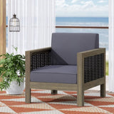 Outdoor Acacia Wood Club Chair with Wicker Accents, Gray Mixed Gray Brown, 30.25"D x 27.5"W x 68942.00DGRY