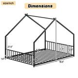 Full size children's bed frame with LED light strips, roof-shaped iron frame bed, Black,78.5" L x 17173656