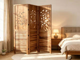 3 Panel Paulownia Wood Folding Room Divider, Tree Leaf Cutout Top & Louvered Lower Panel 43494743