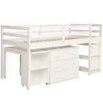 ZUN Low Study Twin Loft Bed with Cabinet and Rolling Portable Desk - White 09527579