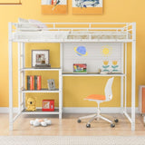 ZUN Full Size Loft Bed with Desk and Whiteboard, Metal Loft Bed with 3 Shelves and Ladder, White 62617184