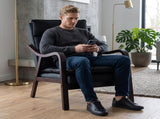 Mid-Century Modern Black Accent Chair with Wood Armrest, Upholstered Reading Chair for Living Room B2735P507019