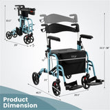 2-in-1 Rollator Walker & Wheelchair 6-Level Adjustable Handles, 1-Hand Folding, Storage 50220611