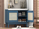 TREXM Boho Rattan Entryway Bench with Storage, Cushioned Shoe Bench with Double Doors, Wooden Shoe N715P308012M