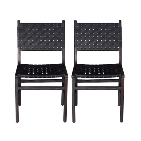 ZUN Upholstered Dining Chair Set of 2, Genuine Leather Woven Side Chair, Rustic Hardwood Frame, Black B011P198370