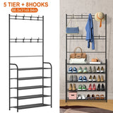 ZUN Entryway Coat Hat Rack Shoe Storage Shelf 5 Tier Shoe Rack Freestanding Hall Tree Garment Hanger 14015095