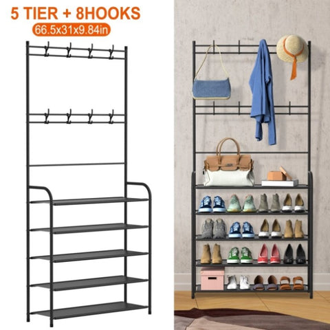 ZUN Entryway Coat Hat Rack Shoe Storage Shelf 5 Tier Shoe Rack Freestanding Hall Tree Garment Hanger 14015095