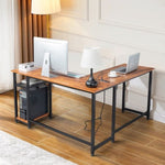 ZUN L-Shaped Desktop Computer Desk with Power Outlets & Shelf Tiger wood 19002762