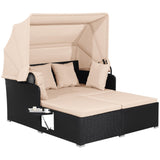 Beige Rattan Daybed Lounge W/ Retractable Top Canopy Side Tables Cushions 95150897