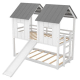 Twin over Twin House Bunk Bed with Slide and Windows,White 56897346