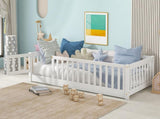 Twin Size Floor Bed with Fence and Door,Rubber Wood Floor Bed with Safety Guardrails,White W504P296777