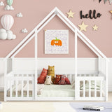 Full Wood House-Shaped Floor Bed with Fence, Guardrails,White W504P143294