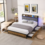 Full Size Bed Frame, Storage Headboard with Charging Station and 4 Storage Drawers,LED Lights , W2297P218120