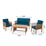 ZUN Outdoor Acacia Wood Sofa Set with Water Resistant Cushions, 4-Pcs Set, Brown Patina / Teal Blue 59116.00DT