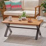Outdoor Acacia Wood Coffee Table, Teak Finish / Rustic Metal,Black and Brown, 18'' H X 27.25'' W X 62347.00