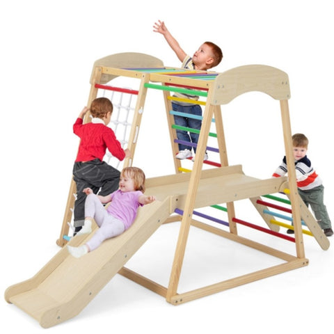 ZUN 6-in-1 Kids Wooden Playground, Indoor Jungle Gym With slide 69242790