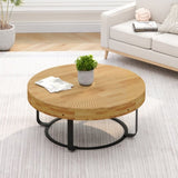 Modern Round Coffee Table Wooden Carving Pattern Coffee Table with Metal Legs for Living Room W757P186923
